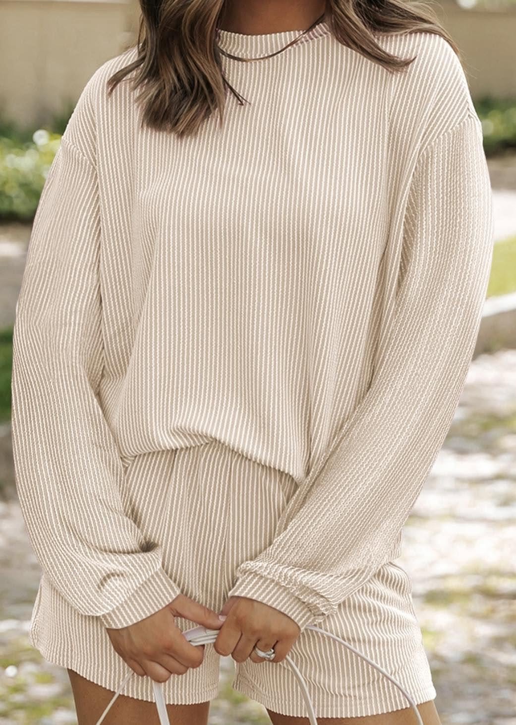 Corded Knit Long Sleeve Top and Short Set