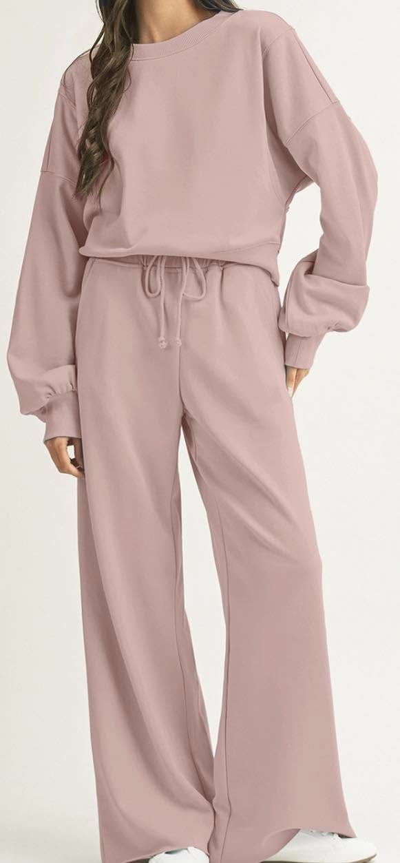 Drop Shoulder Pullover and Wide Leg Pant Set